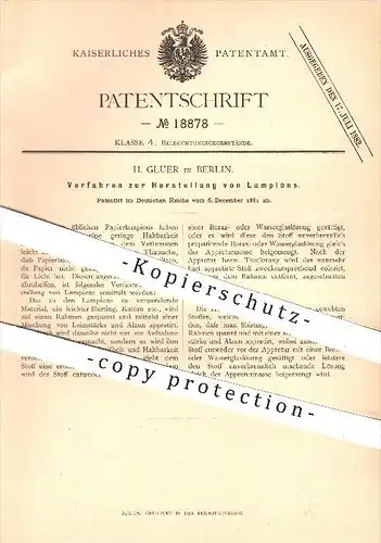 original Patent - H. Glüer , Berlin , 1881 , Herstellung von Lampions , Lampion , Lampen , Licht , Papierlampion , Stoff