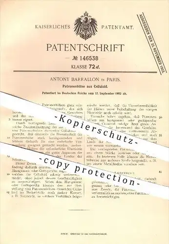 original Patent - Antony Barrallon in Paris , 1902 , Patronenhülse aus Celluloid , Patronen , Waffen , Geschosse , Hülse