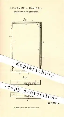 original Patent - J. Markmann in Hamburg , 1895 , Schließrahmen für Schriftsätze , Druck , Druckerei , Schriftsatz !!