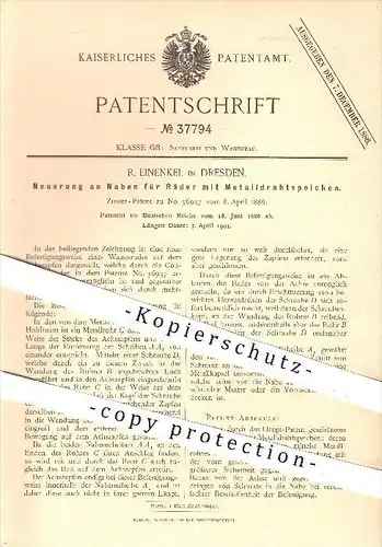 original Patent - R. Einenkel in Dresden , 1886 , Naben für Räder mit Metallspeichen , Rad , Speichen , Wagenbau !!!