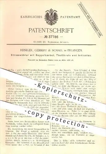 original Patent - Reiniger , Gebbert & Schall in Erlangen , 1886 , Stromwähler mit Doppelkurbel , Teilkreis & Indikator