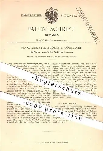 original Patent - Franz Rangette & Söhne , Düsseldorf , 1882 , Verfahren , vermodertes Papier nachzuahmen , Papierfabrik