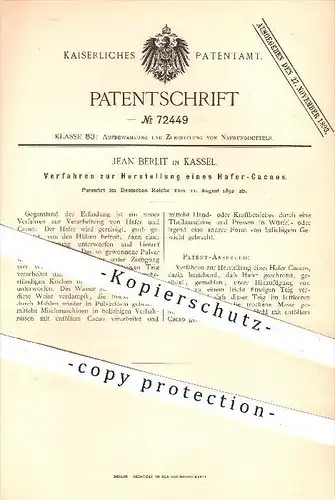 original Patent - Jean Berlit , Kassel , 1892, Herstellung von Hafer - Kakao , Cacao , Röstung , Rösten , Nahrungsmittel