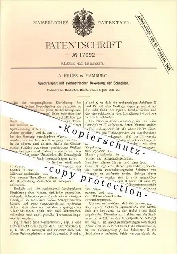 original Patent - A. Krüss in Hamburg , 1881 , Spektralspalt mit symmetrischer Bewegung der Schneiden , Vierrodt !!!