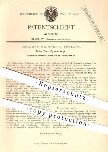 original Patent - Hermann Klinner in Breslau , 1882 , Schaffner - Typenzange , Zange , Werkzeuge , Eisenbahn !!!