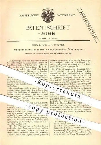 original Patent - Rud. Büsch in Hamburg , 1881 , Karussell mit kreuzweise schwingenden Fahrzeugen , Rummel , Sport !!
