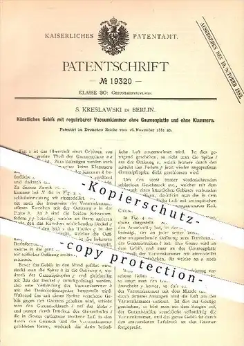 original Patent - S. Kreslawski in Berlin , 1881 , Künstliches Gebiss mit Vakuum , Zahnarzt , Zahn , Zähne , Medizin !
