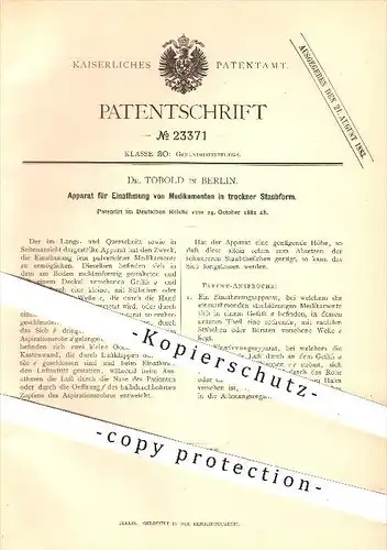 original Patent - Dr. Tobold in Berlin , 1882 , Einatmung vom Medikament in trockener Staubform , Medizin !!!