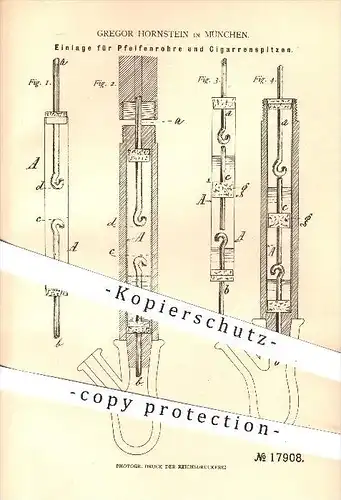 original Patent - Gregor Hornstein in München , 1881 , Einlage für Pfeifenrohre und Zigarrenspitzen , Pfeife , Zigarren