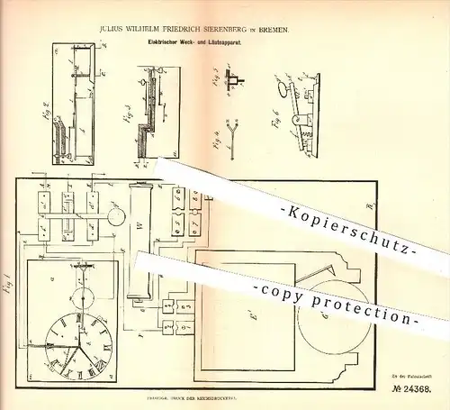 original Patent - Julius W. Fr. Sierenberg , Bremen , 1882 , Elektrischer Wecker , Läuteapparat , Geläut , Uhr , Uhren !