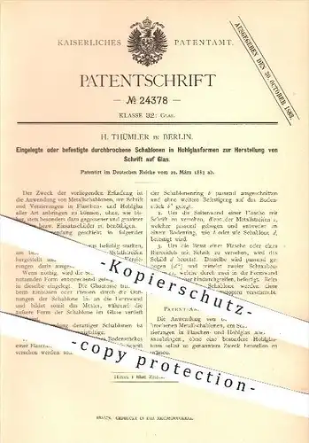 original Patent - H. Thümler in Berlin , 1883 , Schablonen zur Herstellung von Schrift auf Glas , Gravieren , Gravur !!!