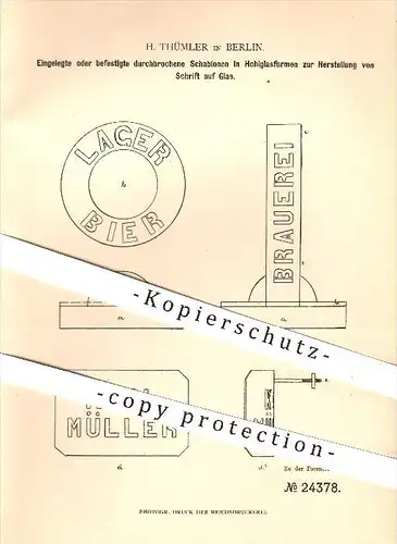original Patent - H. Thümler in Berlin , 1883 , Schablonen zur Herstellung von Schrift auf Glas , Gravieren , Gravur !!!
