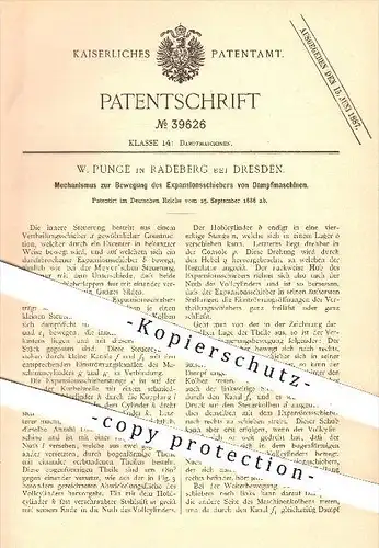 original Patent - W. Punge in Radeberg , Dresden , 1886 , Bewegung des Expansionsschieber von Dampfmaschinen !!!