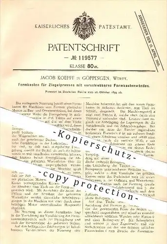 original Patent - Jacob Koepff in Göppingen , 1899 , Formkasten für Ziegel - Pressen , Presse , Formen , Ziegelei !!!