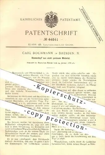 original Patent - Carl Bochmann in Dresden , 1888 , Blumentopf aus nicht porösem Material , Ton , Porzellan , Keramik