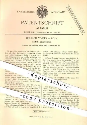 original Patent - Heinrich Vossen in Köln , 1888 , Kartoffel - Schälmaschine , Kartoffeln , Schäler , Hauswirtschaft !!