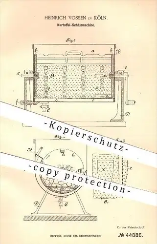 original Patent - Heinrich Vossen in Köln , 1888 , Kartoffel - Schälmaschine , Kartoffeln , Schäler , Hauswirtschaft !!