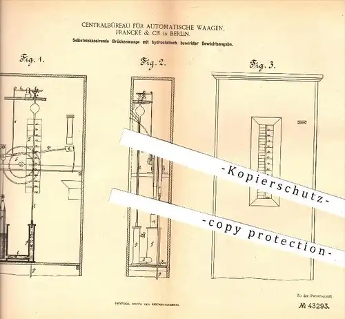original Patent - Zentralbüro für Automatische Waagen Francke & Cie , Berlin , 1887 , Selbstkassierende Brücken - Waage
