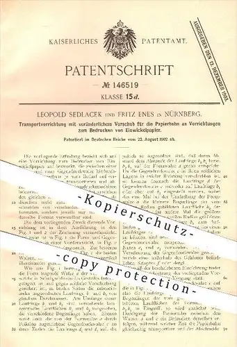 original Patent - Leopold Sedlacek , Fritz Enes , Nürnberg , 1902, Bedrucken von Einwickelpapier , Papier , Papierfabrik