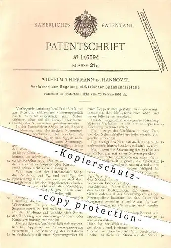 original Patent - Wilhelm Thiermann in Hannover , 1903 , Regelung elektrischer Spannungsgefälle , Strom , Stromkreis !!!