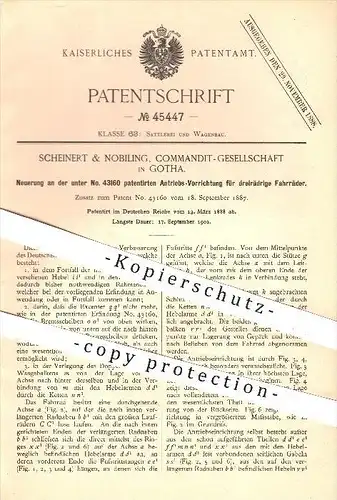 original Patent - Scheinert & Nobiling KG in Gotha , 1888 , Antrieb für dreirädrige Fahrräder , Fahrrad , Fahrzeugbau