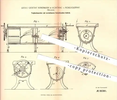 original Patent - E. G. Rosemann , Schönau , Böhmen , 1895 , Teigknetmaschine mit verstellbarem Antrieb , Bäckerei !!