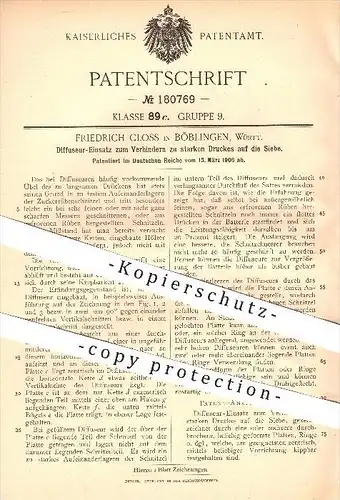 original Patent - Friedrich Closs , Böblingen , 1906 , Diffuseur - Einsatz zum Verhindern zu starken Druckes auf Siebe !