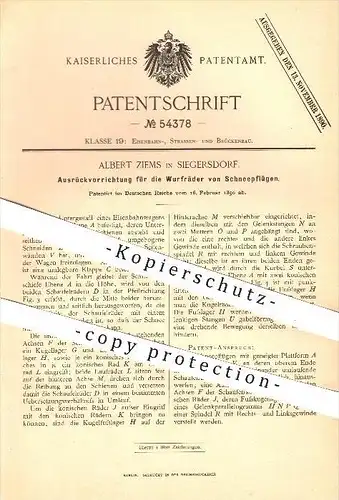 original Patent - A. Ziems , Siegersdorf , 1890 , Ausrückvorrichtung für die Wurfräder am Schneepflug , Pflug , Pflügen