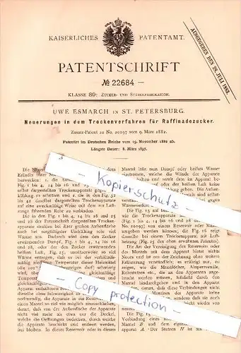 Original Patent - Uwe Esmarch in St. Petersburg , 1882 ,  Trockeverfahren für Raffinadezucker !!!