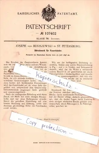 Original Patent - J. von Miniszewski in St. Petersburg , 1898 , Streckwerk für Faserbänder !!!