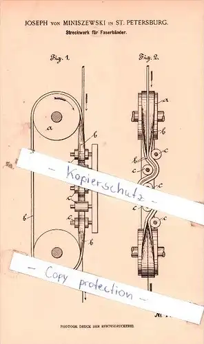 Original Patent - J. von Miniszewski in St. Petersburg , 1898 , Streckwerk für Faserbänder !!!