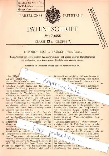 Original Patent - T. Esse in Kalisch, Russ. Polen , 1905 ,  Dampfkessel mit Wasserrtrommeln !!!