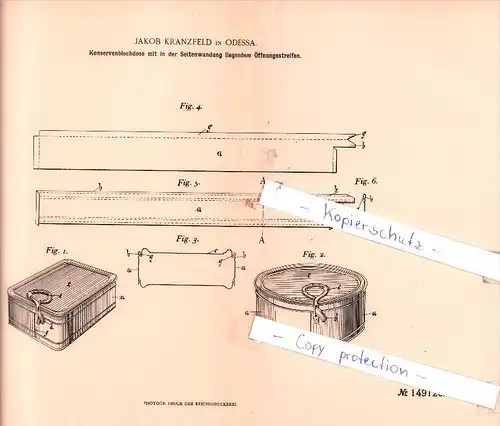 Original Patent - Jakob Kranzfeld in Odessa , 1903 , Konservenblechdose  !!!