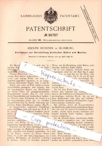 Original Patent - Adolph Hüsener in Duisburg , 1896 , Herstellung konischer Rohre und Masten !!!