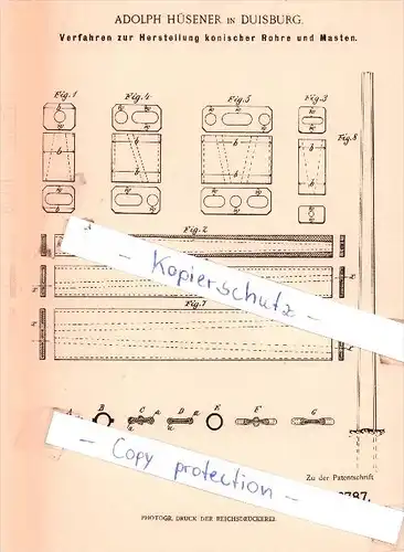 Original Patent - Adolph Hüsener in Duisburg , 1896 , Herstellung konischer Rohre und Masten !!!