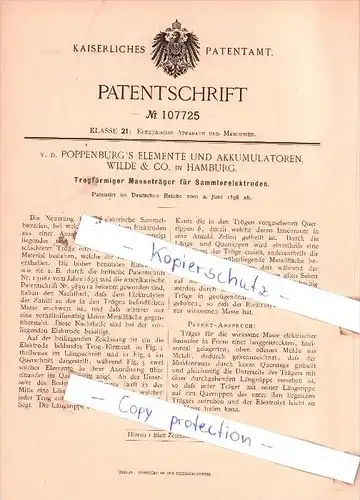 Original Patent - V. d. Poppenburg`s Elemente und Akkumulatoren, Wilde & Co. in Hamburg , 1898 ,  !!!