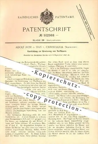 original Patent - Adolf Rom in Lian bei Christiania , Norwegen , 1898 , Gewinnung von Torffasern , Torf , Fasern , Hanf