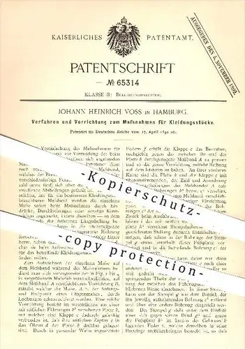 original Patent - Johann H. Voss , Hamburg , 1892 , Maßnehmen an Kleidungsstücken , Kleidung , Bekleidung , Schneider !!
