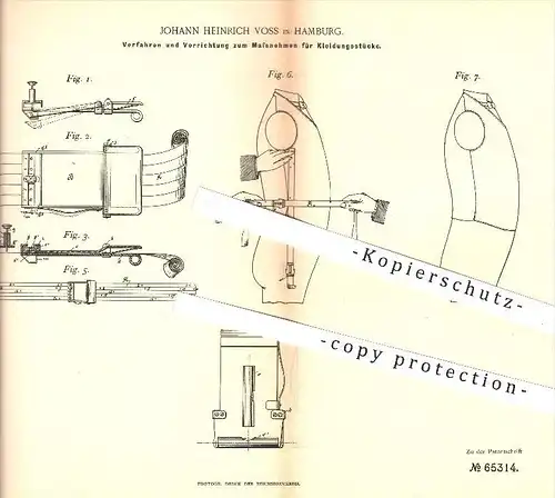 original Patent - Johann H. Voss , Hamburg , 1892 , Maßnehmen an Kleidungsstücken , Kleidung , Bekleidung , Schneider !!