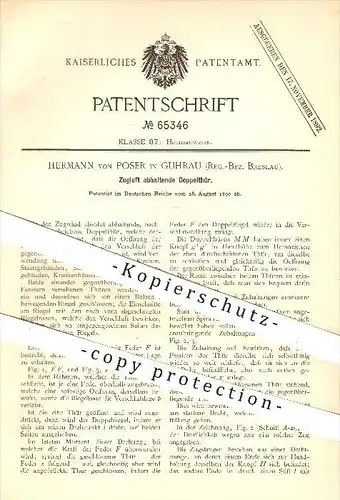 original Patent - Hermann von Poser in Guhrau , Breslau , 1890 , Zugluft abhaltende Doppeltür , Tür , Türen , Zarge !!