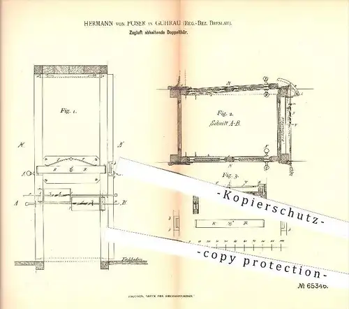original Patent - Hermann von Poser in Guhrau , Breslau , 1890 , Zugluft abhaltende Doppeltür , Tür , Türen , Zarge !!