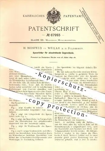 original Patent - H. Hosfeld in Weilar an der Fuldabahn , 1892 , Spannfutter für abzudrehende Gegenstände , Drehbank !!