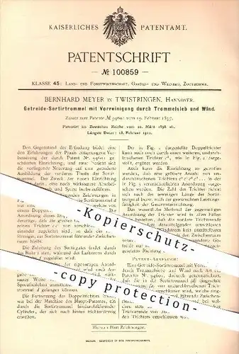 original Patent - Bernhard Meyer in Twistringen , 1898 , Getreide - Sortiertrommel , Sortiermaschine , Landwirtschaft !!