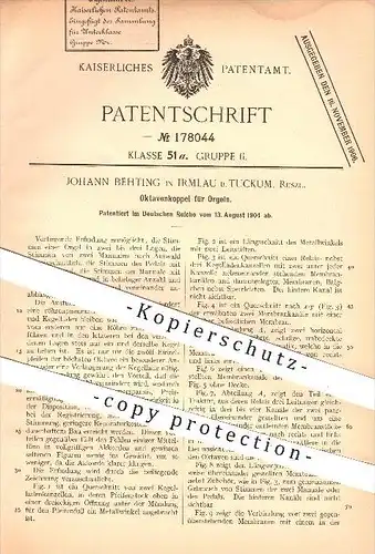original Patent - Johann Behting in Irmlau bei Tuckum , Russland , 1904 , Oktavenkoppel für Orgeln , Orgel , Oktaven !!!