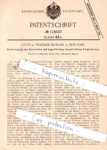 Original Patent - Louis de Franklin Munger in New-York , 1899 , Befestigung von Radreifen auf Felgenkranz !!!