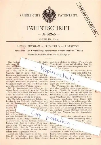 Original Patent - Henry Bingham in Freshfield bei Liverpool , 1890 , Tabak !!!