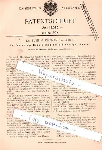 Original Patent - Dr. Zühl & Eisemann in Berlin , 1900 , Herstellung celluloidartiger Massen !!!