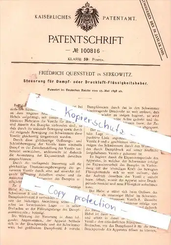 Original Patent - Friedrich Quenstedt in Serkowitz b. Radebeul , 1898 , Steuerung für Pumpen !!!