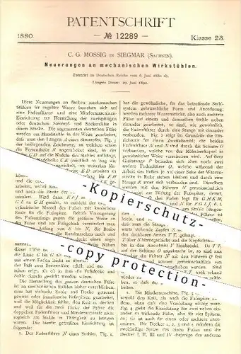 original Patent - C. G. Mossig , Siegmar , 1880 , mechanische Wirkstühle , Wirkstuhl , Strickmaschinen , Flechtmaschinen