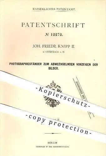 original Patent - Joh. Friedr. Knipp II. in Offenbach am Main , Ständer zum Darstellen von Fotos , Foto , Fotografie !